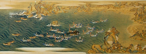 Traditioneller Walfang in Taiji auf einer Bilderrolle aus der Edo-Zeit