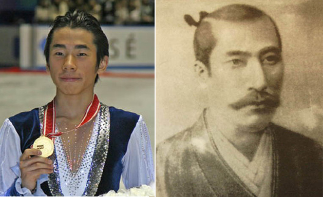 Die gleiche Familie, andere Berufung: Nobunari Oda nach dem Gewinn der NHK-Trophy 2008 (links) und sein berühmter Vorfahre auf einem Gemälde des Jesuiten Giovanni Niccolo.