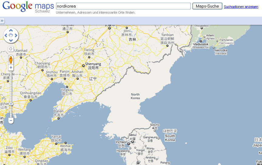 Wo es weder Städte noch Strassen gibt: Nordkorea auf Google Map.