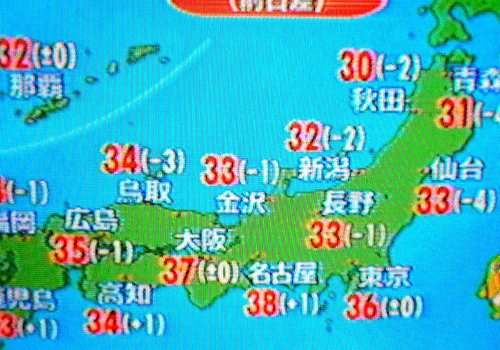 Jeder Tag bringt Temperaturen jenseits der 30-Grad-Grenze: Temperaturvorhersage am japansichen Fernsehen.