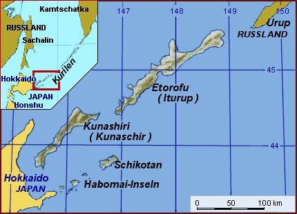 Der Streitpunkt: Die Inselgruppen Shikotan, Habomai, Etorofu und Kunashiri.