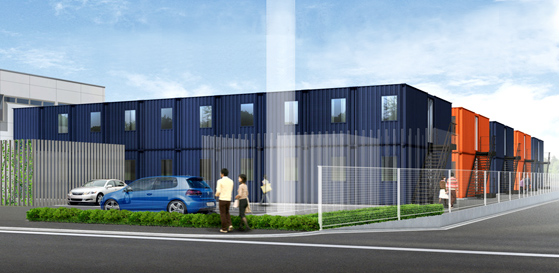 Ein Entwurf des neuen Container-Hotels in Natori.