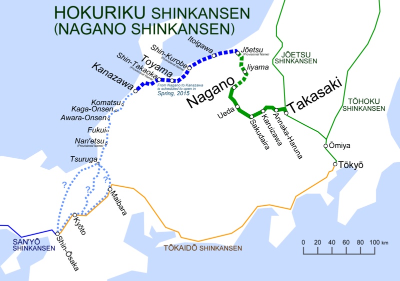 Von  Tokio bis nach Kanazawa: Der grün und blau gestrichelte Abschnitt wird  bis 2015 fertig gestellt. (Grafik: wikimedia/ Hisagi