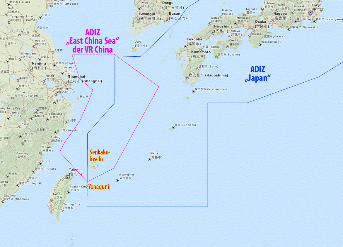 Mittendrin die Senkaku-Inseln: Die Luftüberwachungsräume von China und Japan. (Karte: wikimedia/ Maximilian Dörrbecker