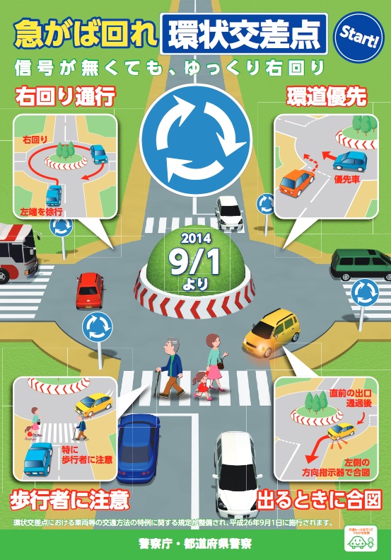 Japans Polizeibehörde informiert über die neuen Regeln für den Kreisverkehr.