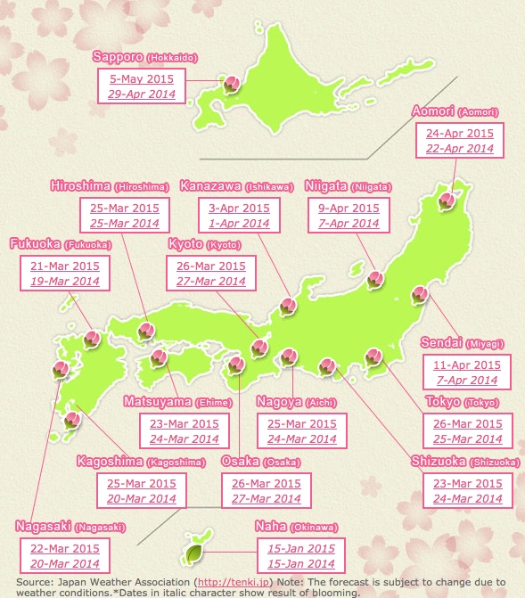 Die Kirschblüten-Vorhersagekarte auf Englisch, Stand: 26.2.2015