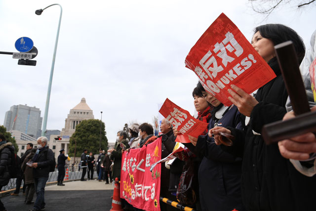 Die Anti-AKW-Demo am 8. März 2015 vor dem Parlament in Tokio.