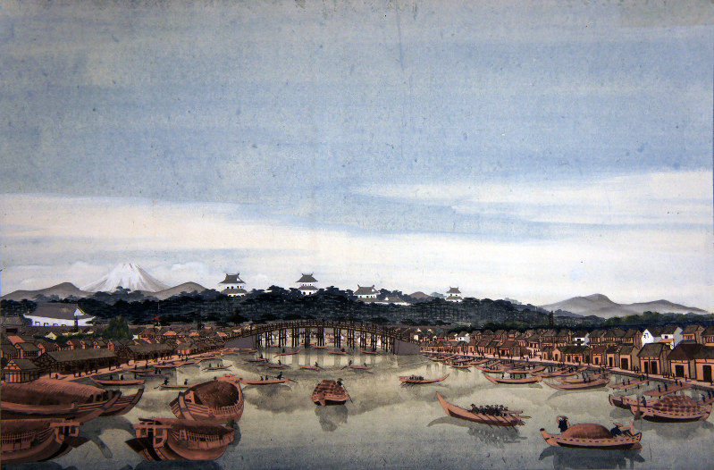 Nihonbashi in Edo und der Fuji im Hintergrund: Das Aquarell m westlichen Stil stammt womöglich von Katsushika Hokusai.