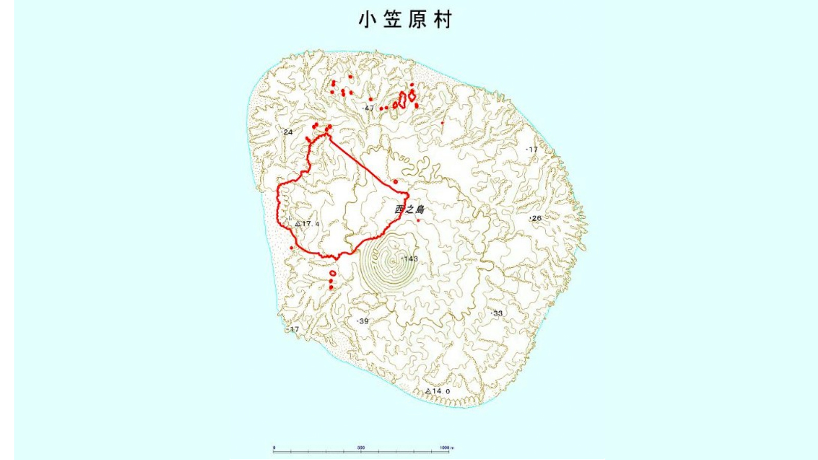 Die aktualisierte Karte von Nishinoshima. Die rote Linie markiert die alten Ausmasse.