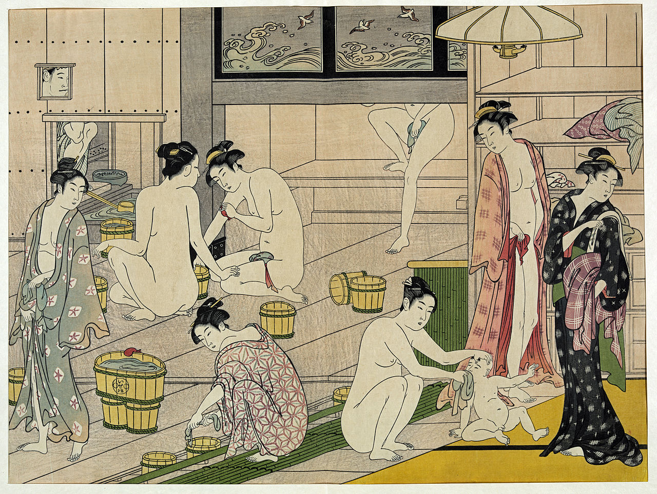 Ein Farbholzschnitt einer Badeszene aus dem 18. Jahrhundert von Torii Kiyonaga.