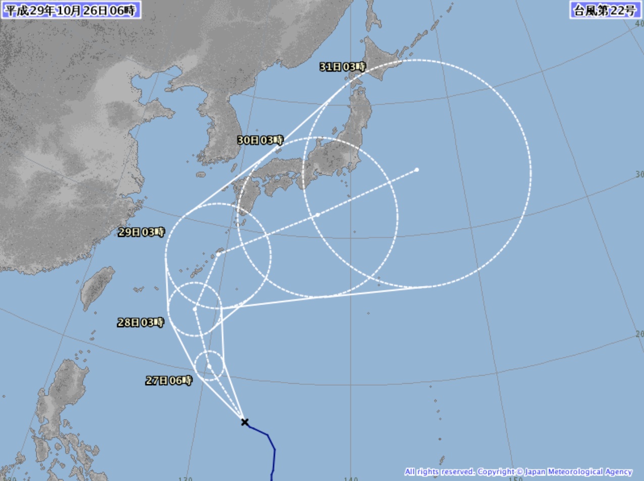 Der mögliche Verlauf des Taifuns Nr. 22, Stand: 25. Oktober 2017.