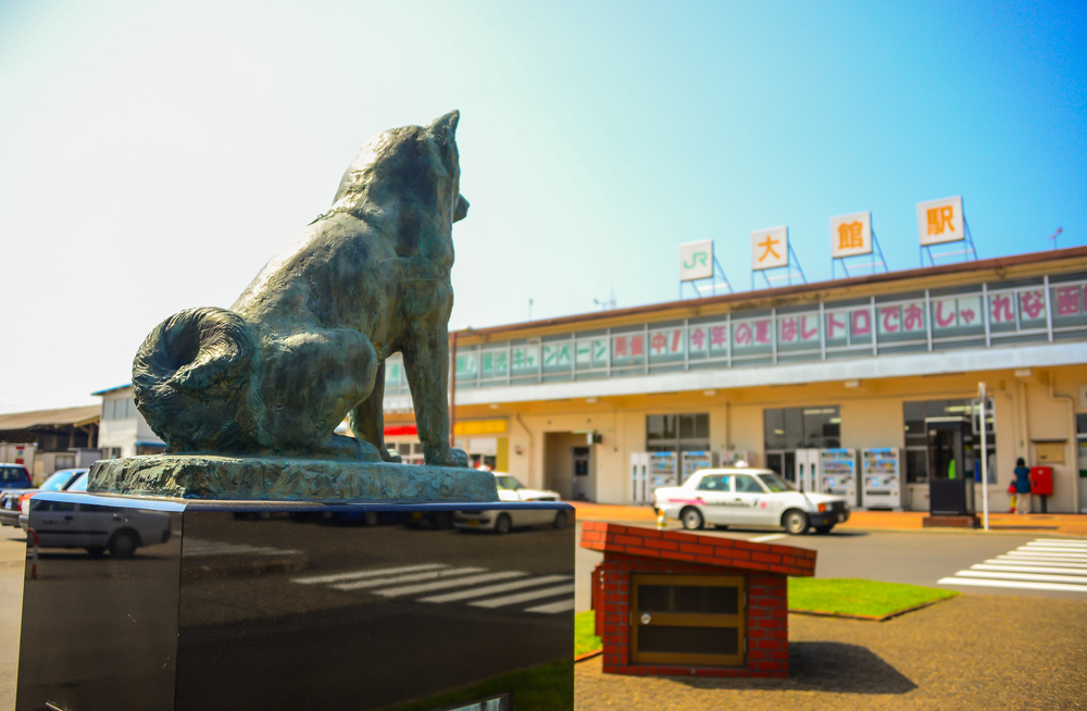 Die Hachiko-Statue vor dem Bahnhof Odate in der Präfektur Akita.