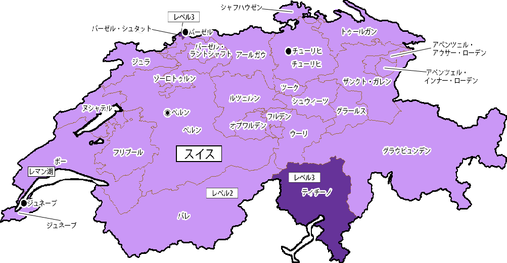 Die Schweiz aus der japanischen Sicht. Die Reisewarnstufen 3 gelten für das Tessin und Basel-Stadt. Die Stufe 2 für den Rest des Landes. (Stand: 18. März 2020)