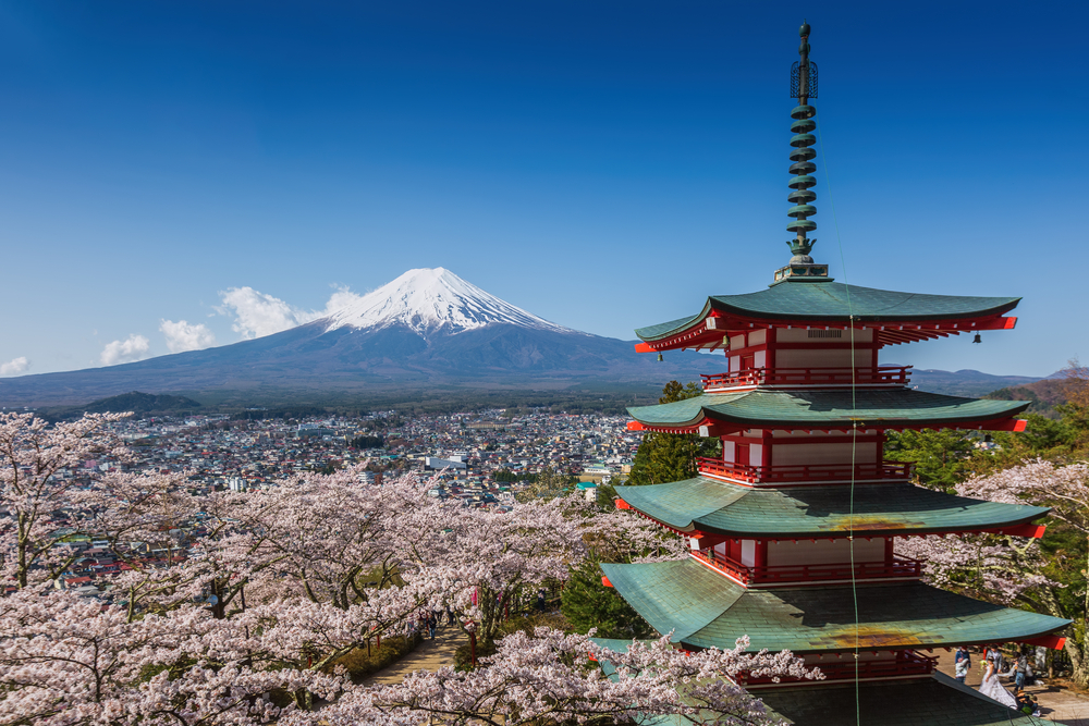 Die Chureito-Pagode, die Kirschblüten und der Fuji.