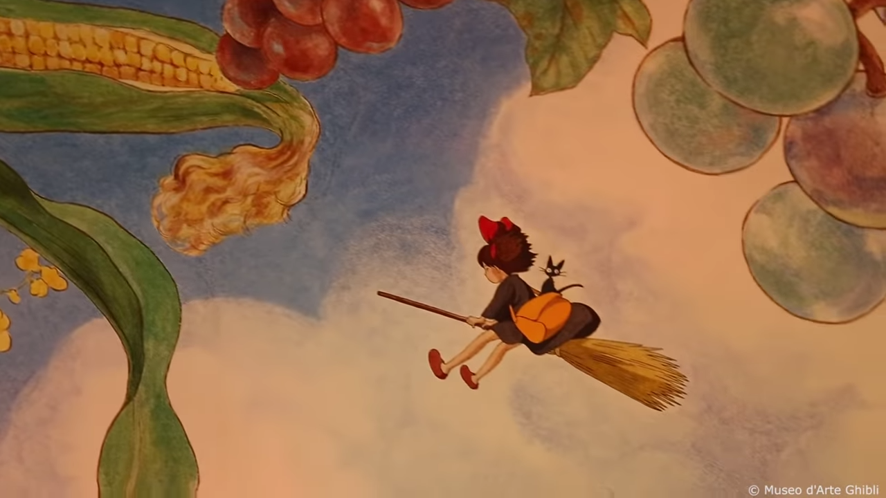 Eine Deckenmalerei mit Kiki im Ghibli-Museum.