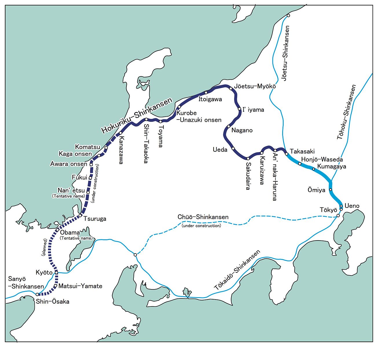 Die aktuelle und künftige Strecke des Hokuriku-Shinkansen.