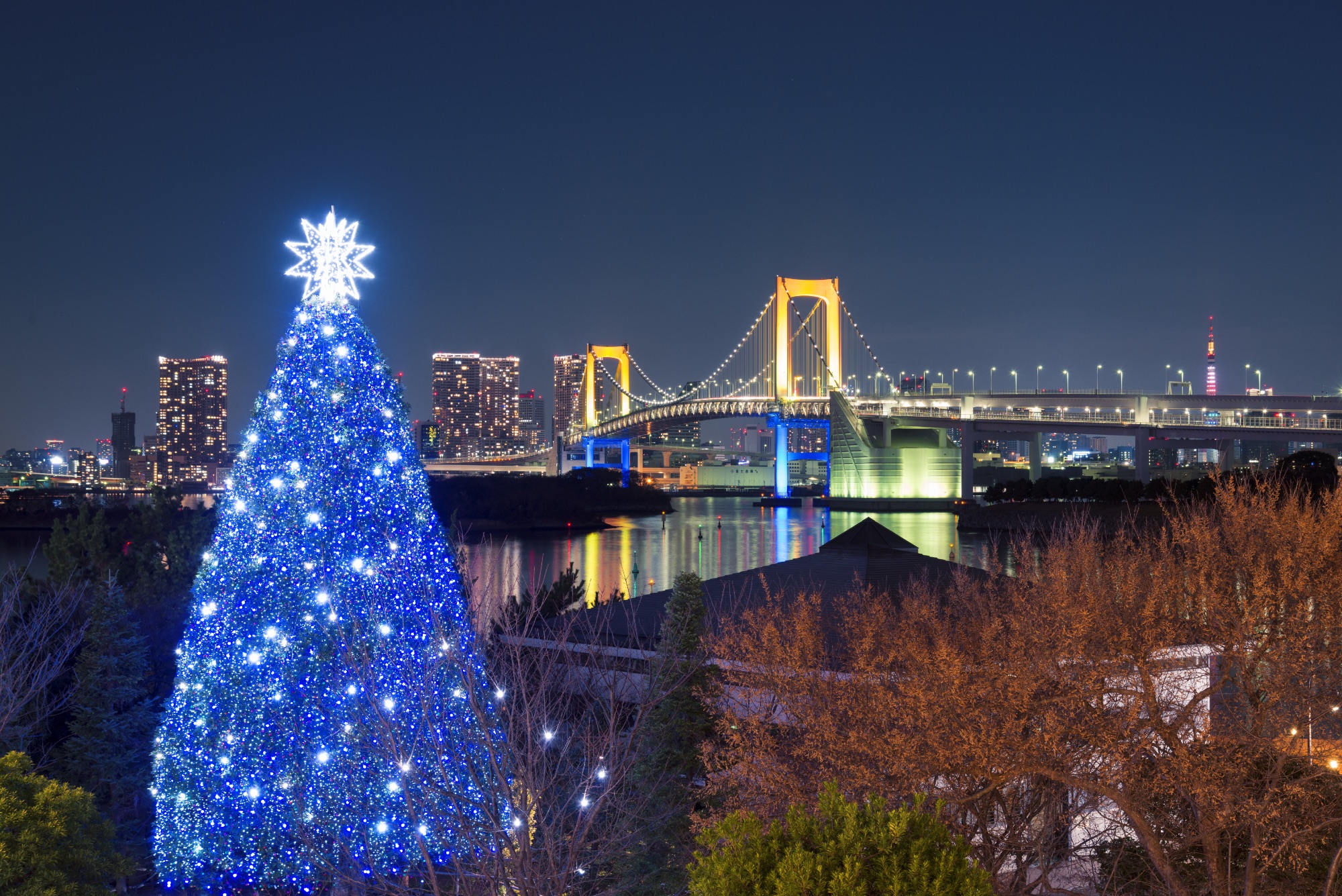 Ein weihnachtlicher Blick auf die Rainbow Bridge in der Bucht von Tokio.