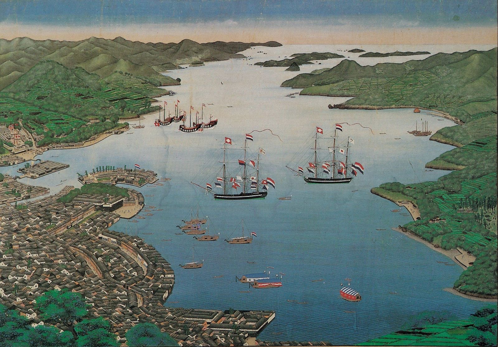 Eine Vogelperspektive auf die Bucht von Nagasaki und Dejima (links). Das Kunstwerk von Keiga Kawahara stammt aus dem Jahr 1820.
