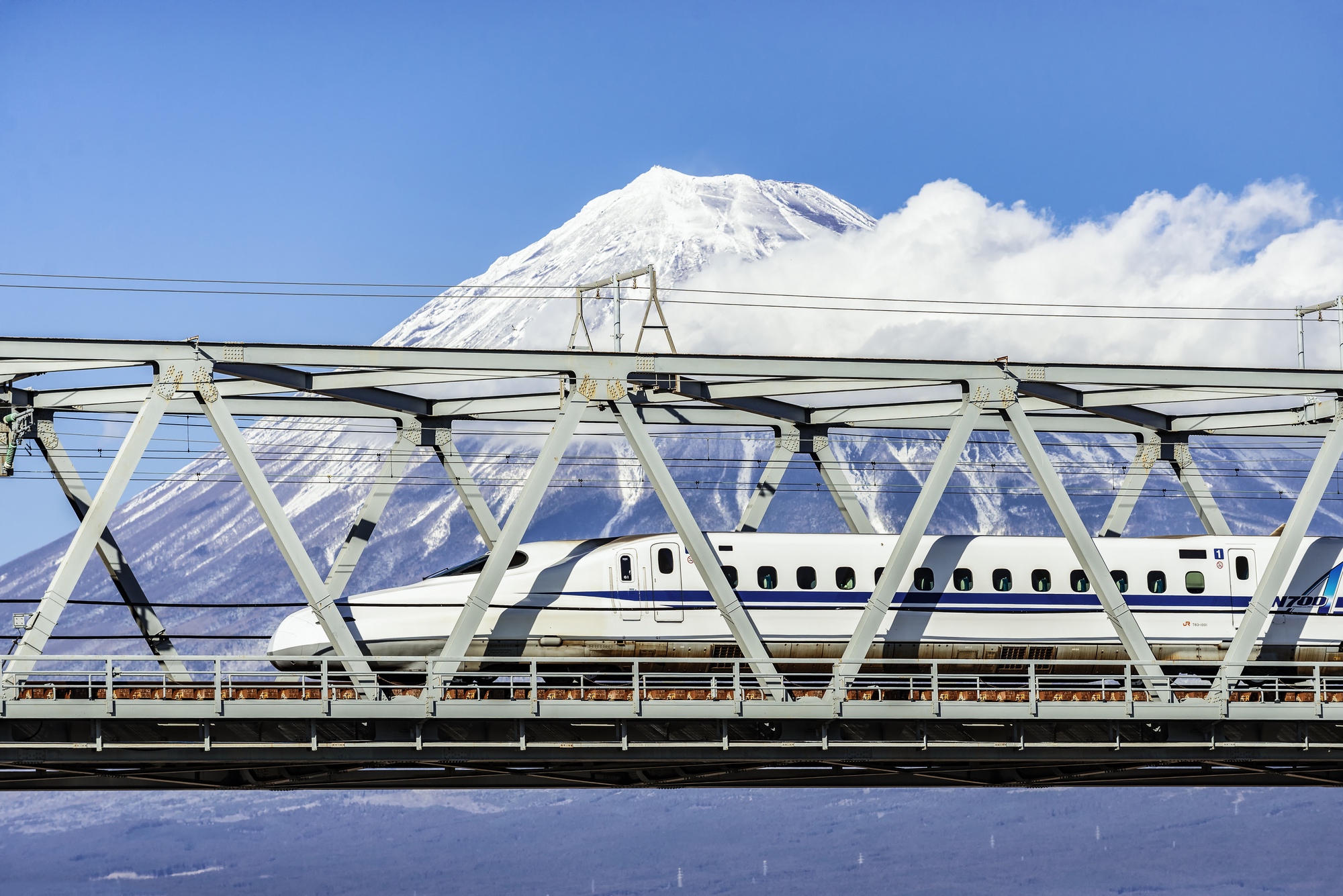 Der Tokaido-Shinkansen vor dem Fuji.