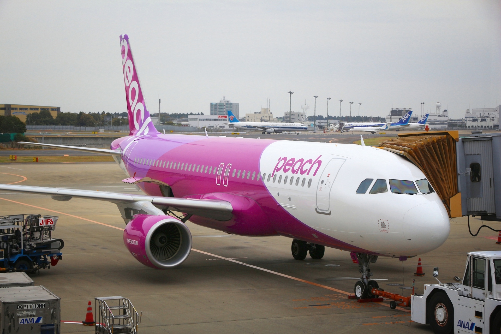 Eine Maschine von Peach Aviation im Flughafen Narita.