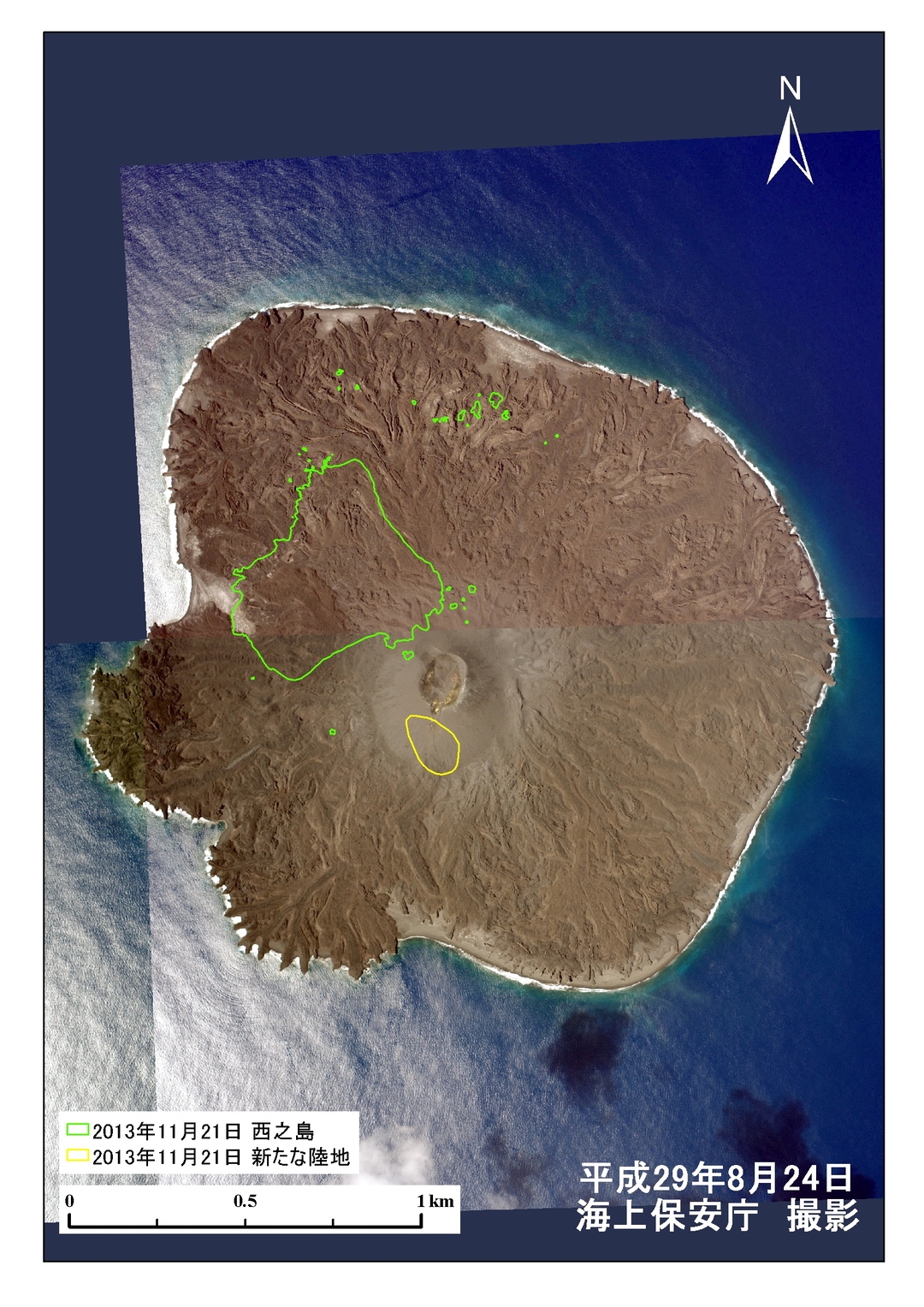 Grün: Die Inselform von 2013 / Gelb: Die Insel Nijima nach dem Vulkanausbruch von 2013.