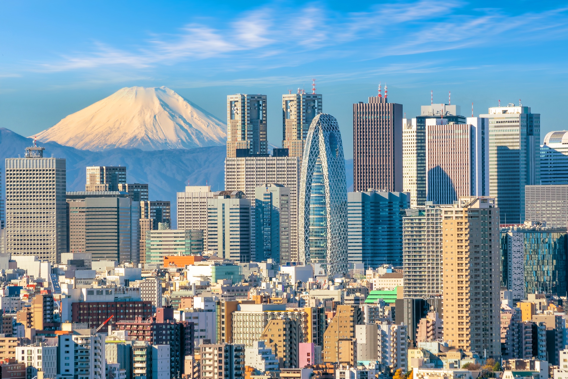 Die Skyline des Tokioter Bezirks Shinjuku mit dem Fuji im Hintergrund.