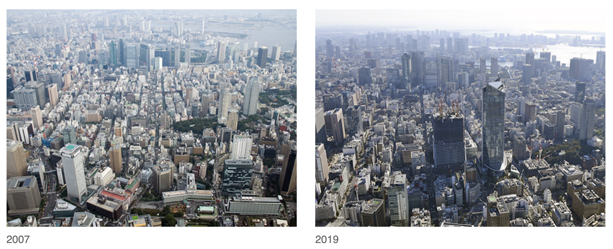 Das Tokioter Viertel Toranomon 2007 und 2019.