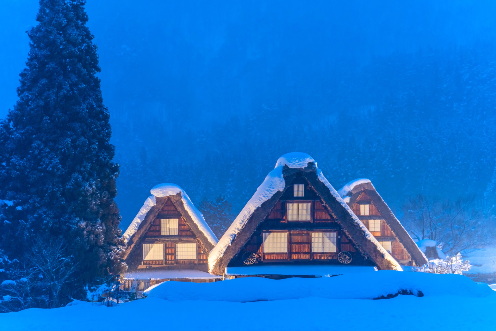 Die Strohdachhäuser von Shirakawago an einem Wintertag.