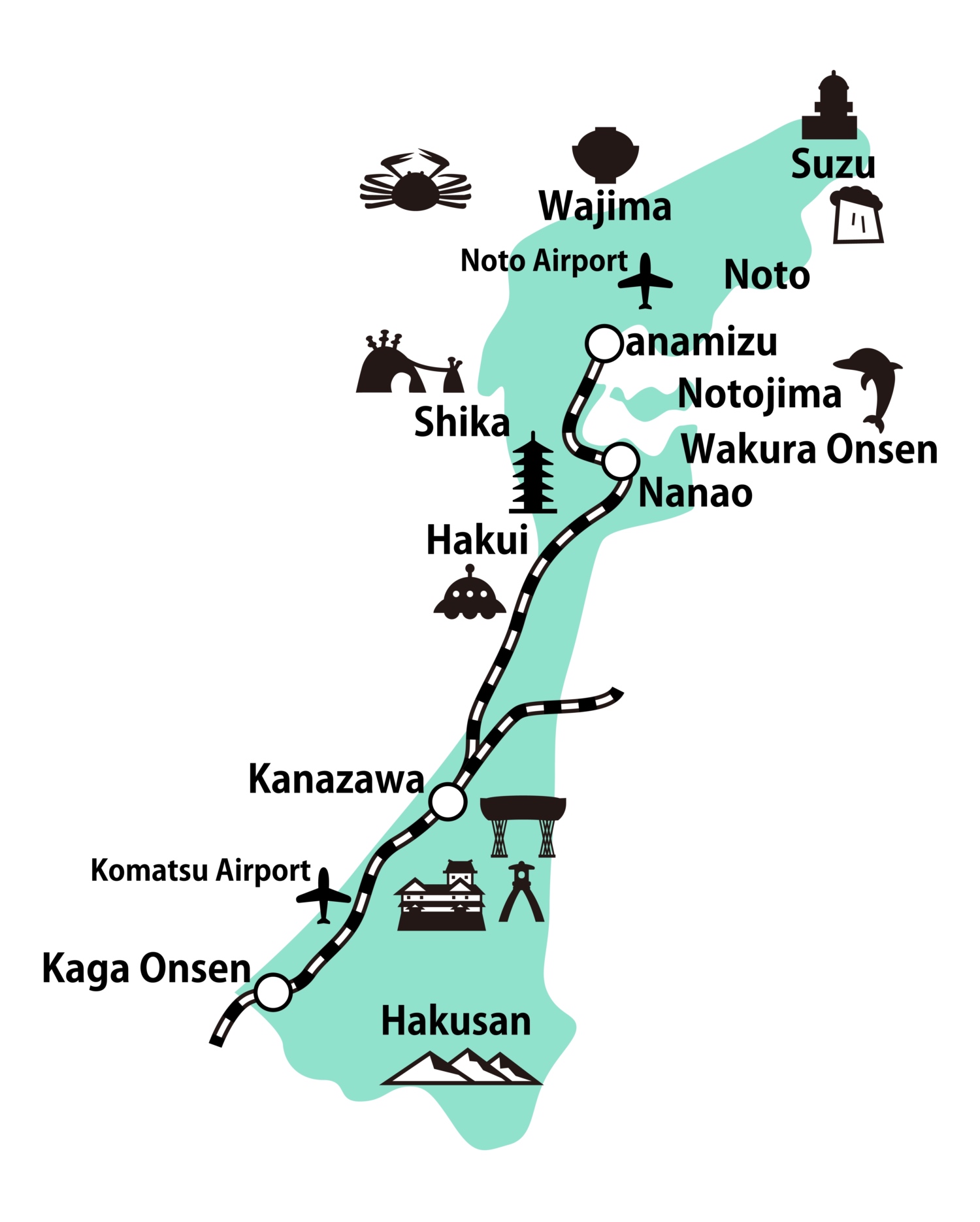Das Bahnnetzwerk der Präfektur Ishikawa.